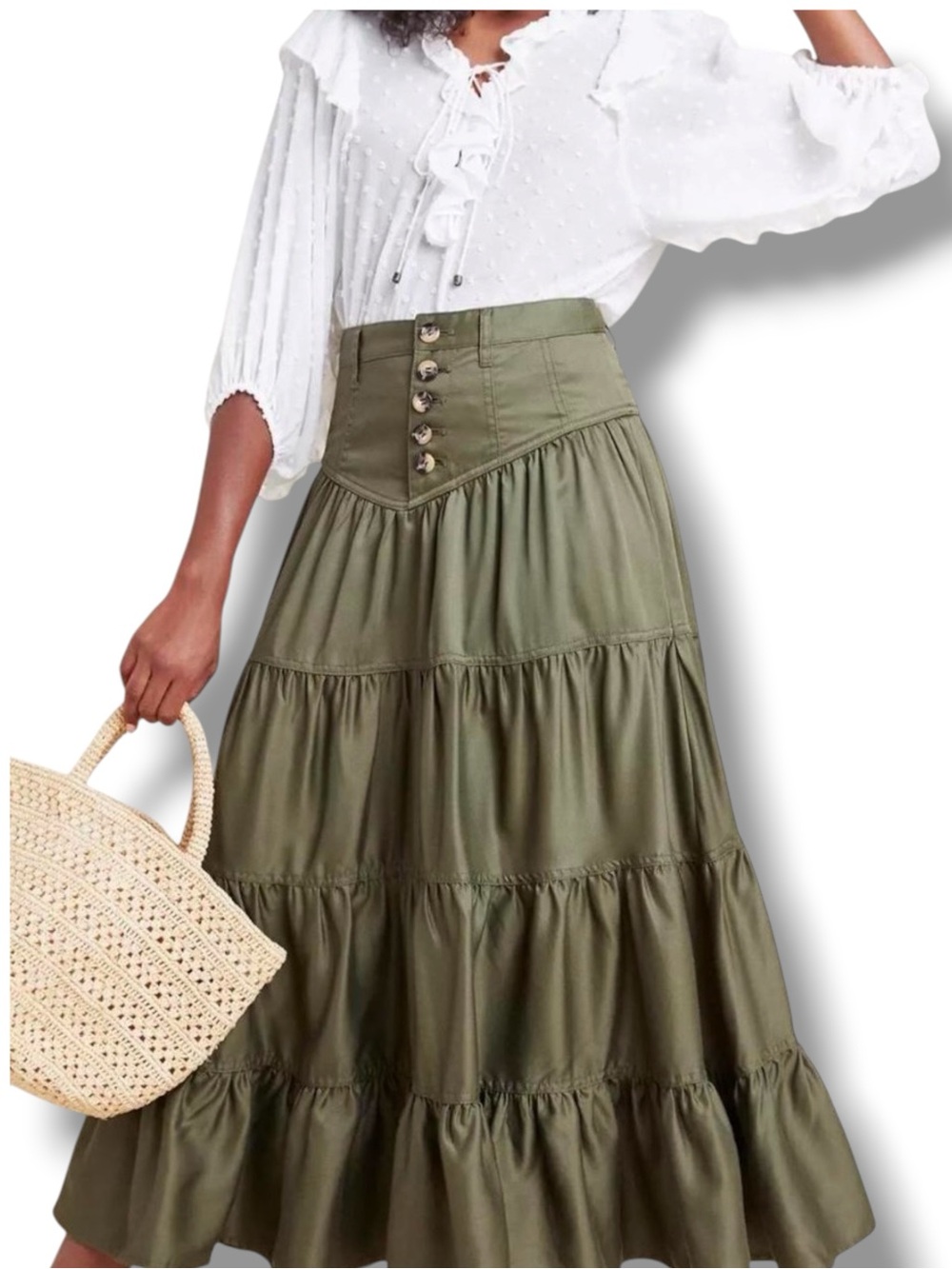 Anthropologie Maeve Lainey Tiered Western Boho Maxi Skirt Green Size 8